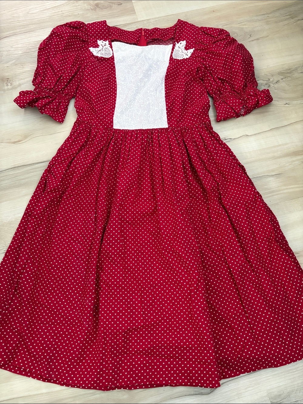 Handmade Vintage Red Polka Dot Prairie Dress Lace Bib Puff Sleeve Tie Back XS